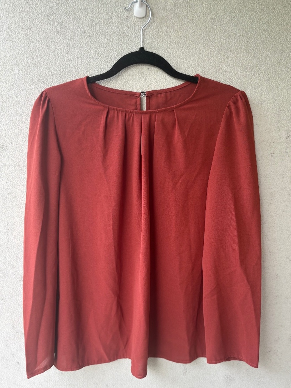 SHEIN Rust Terracotta Long Sleeve Blouse L Pleated Neckline Fall Top